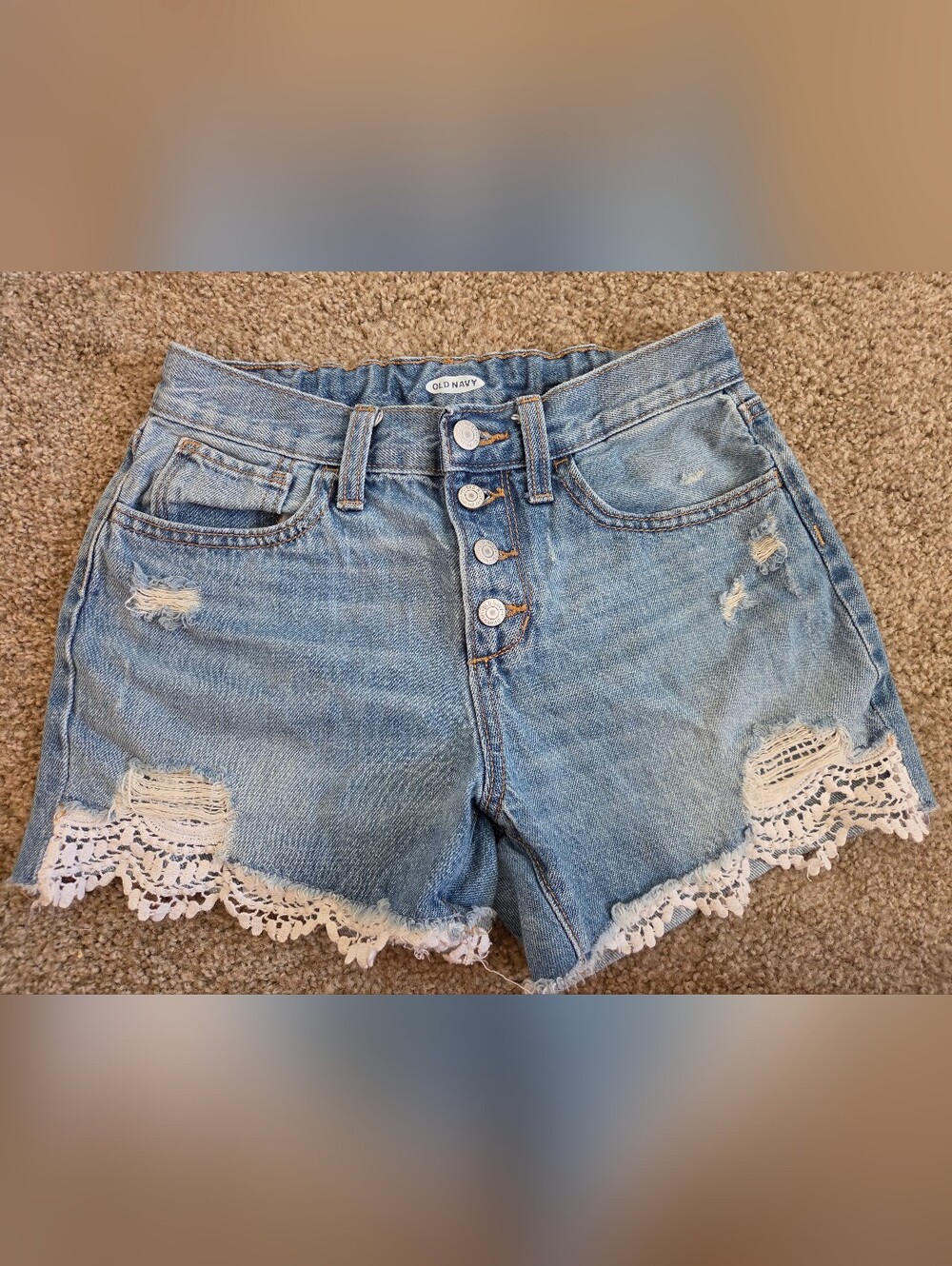 Old Navy Light Wash Denim Lace Trim High-Waist Shorts
